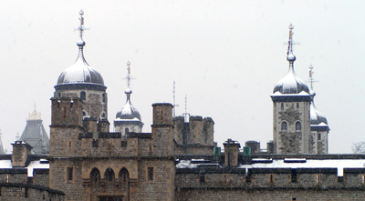Tower of London with snow on the rooftops